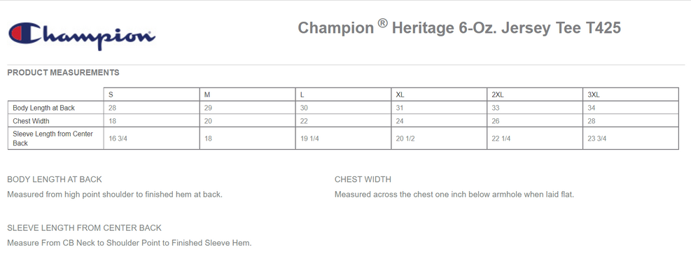 Size chart for a T425 Champion Heritage 6-Oz. Jersey Tee